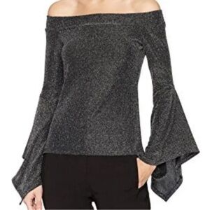BCBG Maxazria Womens XS Top Silver Metallic Accent Off Shoulder Bell Sleeve
